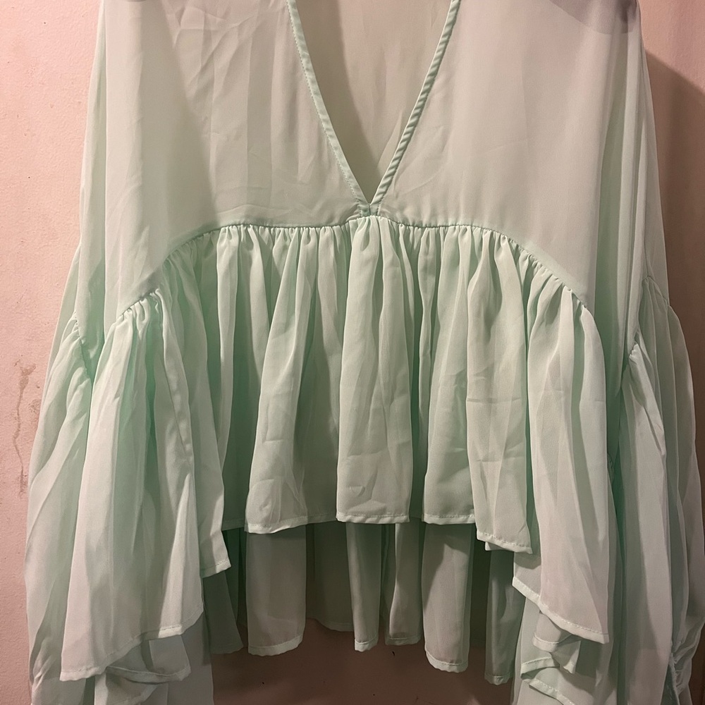Women's Mint Green V-Neck Ruffled Blouse - Picture 5 of 7